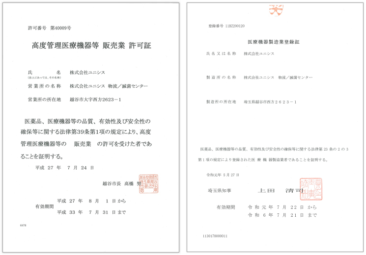 List of licenses (certificates of authorization)｜Quality Policy｜UNISIS CORP.